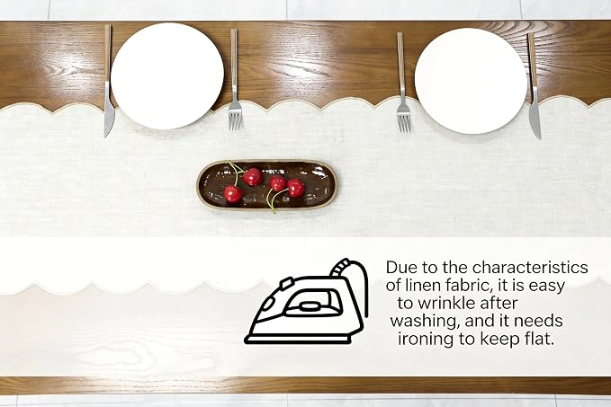 100% Natural Linen Rustic Scalloped Embroidery Table Runner 108 Inches Long - Image 4