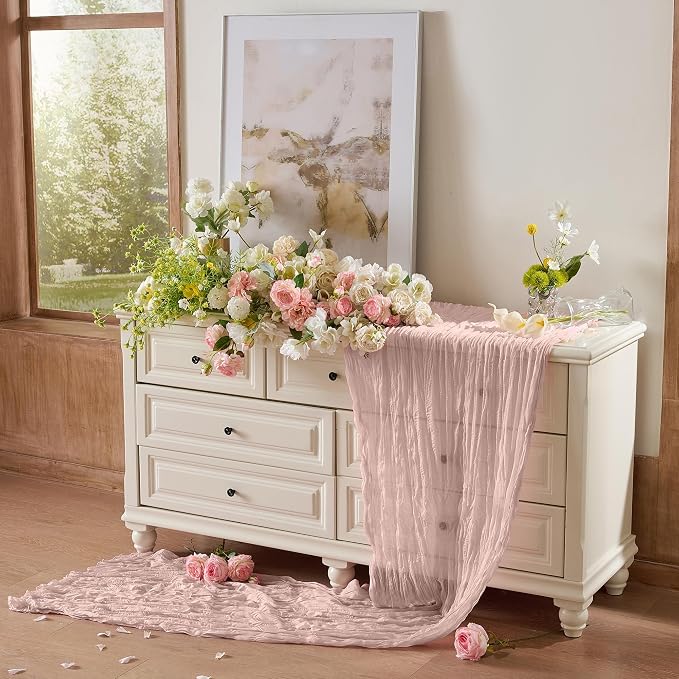 Dusty Pink Cheesecloth Table Runner 120inch Boho Gauze Home Decor | 120 Inch - Image 4