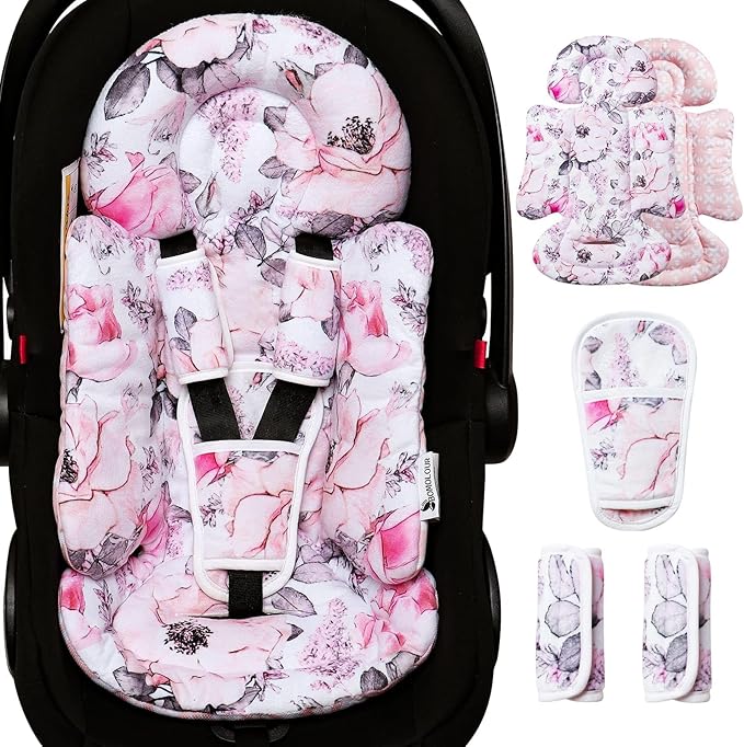Infant Car Seat Insert, Enlarged Head Support for Baby Carseat, Reversible Newborn Insert with 3 Strap Covers, 2-in-1 Baby Car Seat Cushion for Stroller, Swing, Bouncer, Rocker - Pink Floral