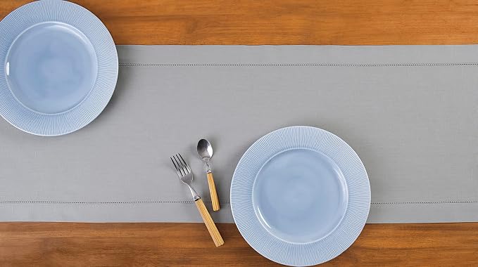 Solino Home Cotton Linen Table Runner Light Grey Hemstitch, 14 x 108 in | - Image 3