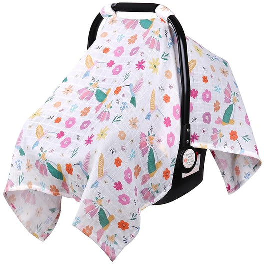 Rquite Muslin Car Seat Cover Baby, Carseat Covers Baby Girl Boy, Breathable Lightweight Infant Car Seat Cover, Baby Carrier Cover Car Seat Canopy Stroller Sun Shade for Summer & Hot Day, Universal Fit