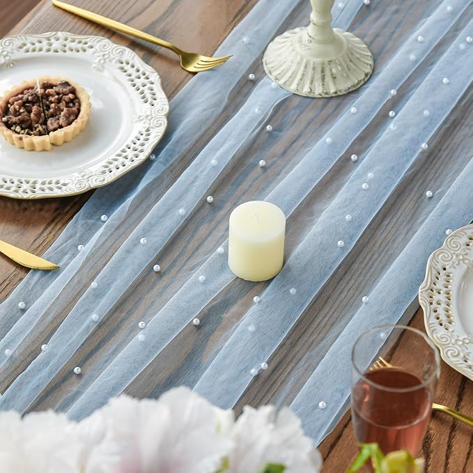 Artoid Mode 6PCS Pearl Blue Gauze Table Runner 120 Inch 10FT, Seasonal Sheer - Image 4