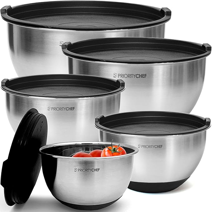 Premium Mixing Bowls With Lids Set, Airtight Lids, Thicker Stainless Steel by PriorityChef
