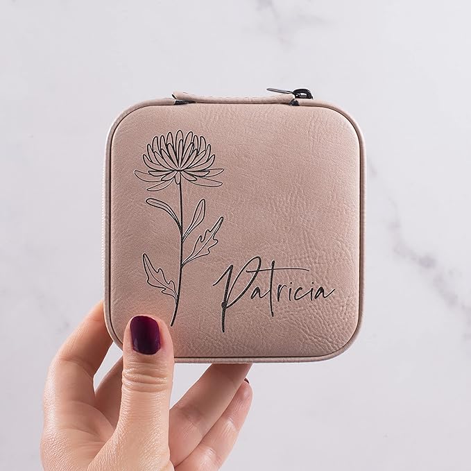 Custom Leather Jewelry Box w/Name & Birth Flower Month - Birthday Gifts for Women, Personalized Jewelry Travel Case - Customized Jewelry Organizer Box, Mom Birthday Gifts - Pink