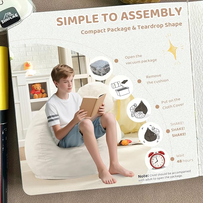 2FT Bean Bag Chair, Comfy Bean Bag Chairs with Memory Foam Filled, Fluffy Beanbag Sofa with Dutch Velvet Cover, Teardrop BeanBag Chairs for Living Room, Playroom - Beige