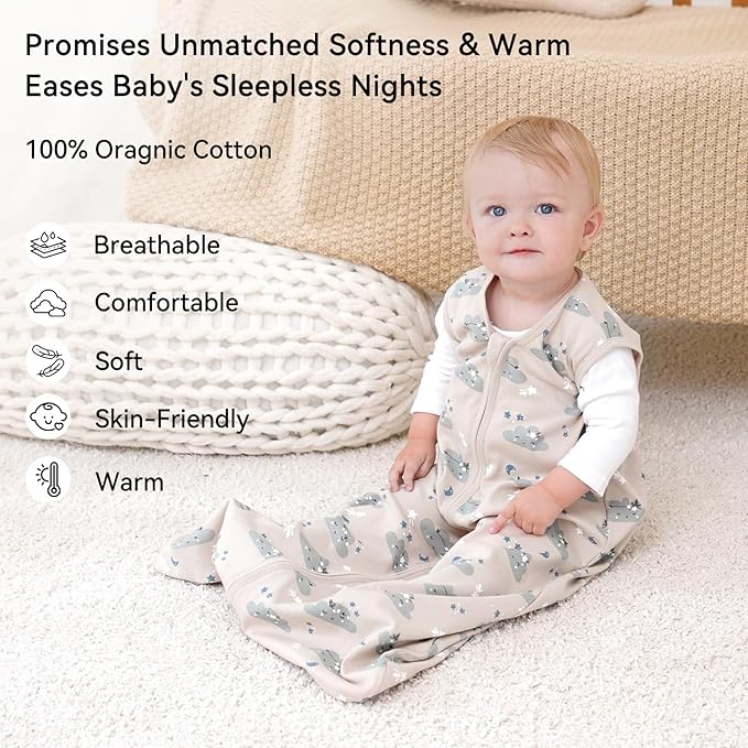 Baby Sleep Sack 0-6 Months 0.5 Tog Wearable Blanket Baby, 3 Pack 100% Cotton Lightweight Sleeping Sack with 2-Way Zipper for Newborn Infant Apricot White Sun Clouds