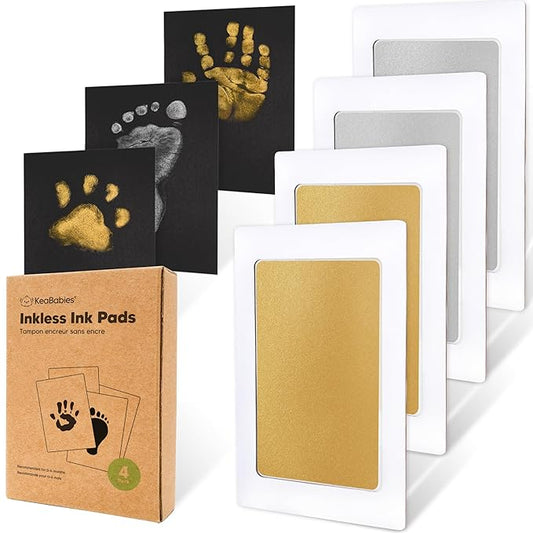 4-Pack Inkless Baby Hand and Footprint Kit - Mess Free Ink Pad for Newborn Keepsake, Dog Nose & Paw Print Kit, Clean Touch Ink Pad for Baby Hand & Footprints, Ideal New Mom Gifts (Gold/Silver)