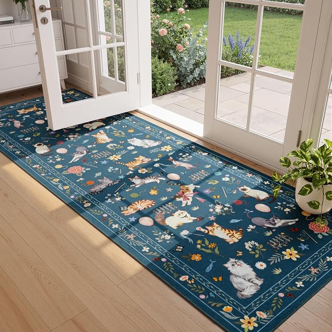 Unirea 2x6 Dark Blue Cat Runner Rug, Washable Non Slip Botanical Rug - Image 7