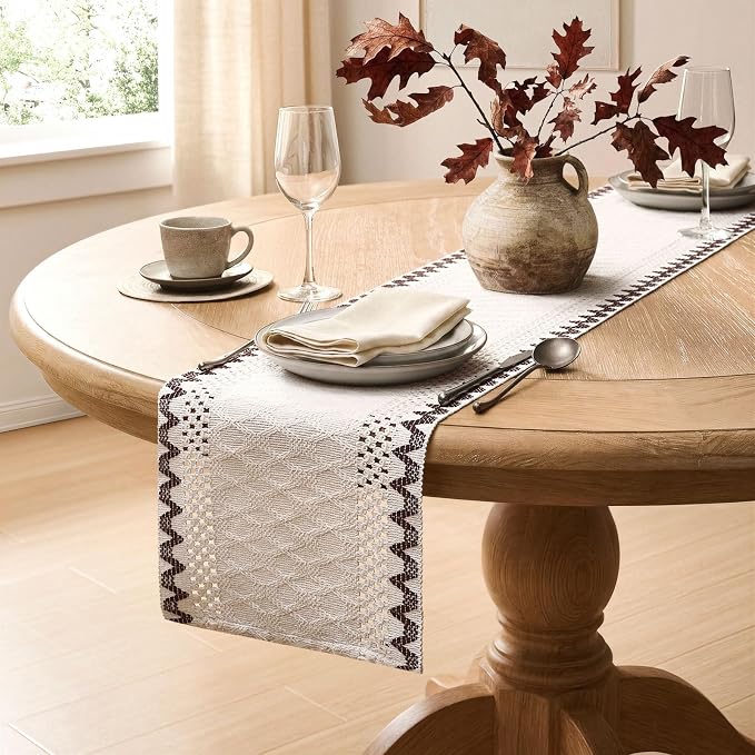 Macrame Side Trim Boho Woven Table Runner, Chocolate 12x36 Inch | Crochet - Image 5