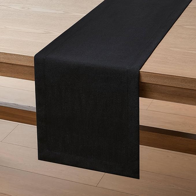 Linen Textured Border Table Runner, 14 x 72 Inch Black | Mitered Corner Design - Image 7