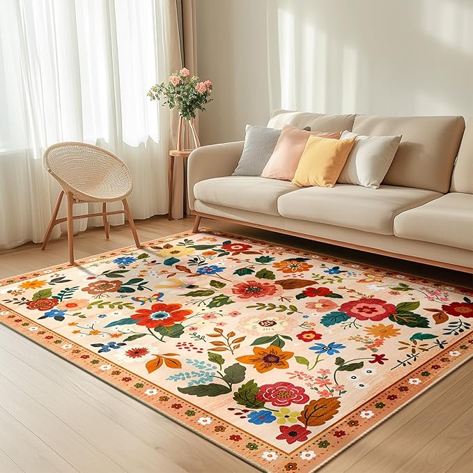 Floral 5x7 Area Rug Machine Washable Soft Print Boho Carpet Non Slip Doormat Low Pile Flower Area Rugs for Living Room Bedroom Nursery Kitchen Dining Room Indoor-Light Orange