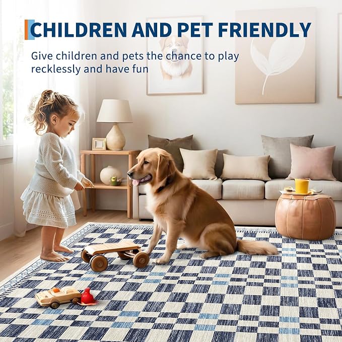GarveeHome Runner Rug 2x10 for Kitchen Blue Contemporary Checkered Long Rug for - Image 2
