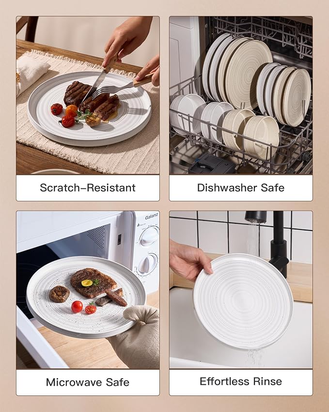 Stoneware Dinnerware Sets for 6, Reactive Glaze Plates and Bowls Set, Chip & - Image 5