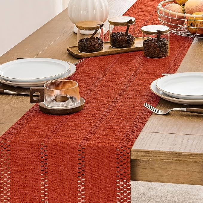 Macrame Style Boho Table Runner, 12x108 Inch Dark Orange | Woven Boho Table - Image 5
