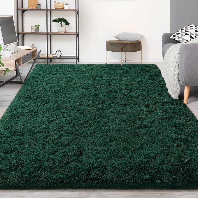 FlyDOIT Large Area Rugs for Living Room, 4x6 Feet Deep-Green Shaggy Rug Fluffy - Image 9
