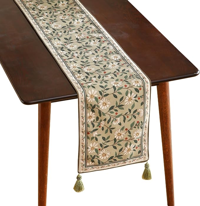 Designer Vintage Linen Extra Long Table Runner, Floral Pattern, Dining Table by Isaennehomedecoration
