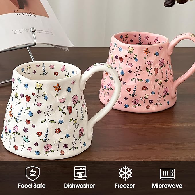 Large Ceramic Coffee Mug Pink Cute Flower - Image 4