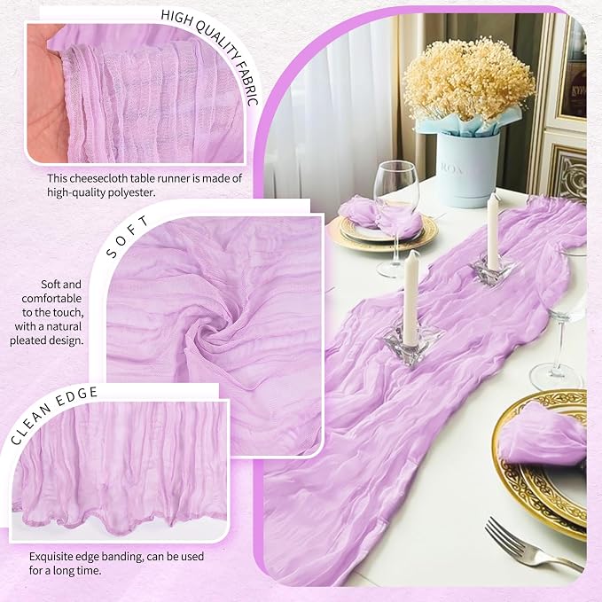 4 Pack Cheesecloth Table Runner 10FT Lilac Purple Table Runner Lavender Boho - Image 3