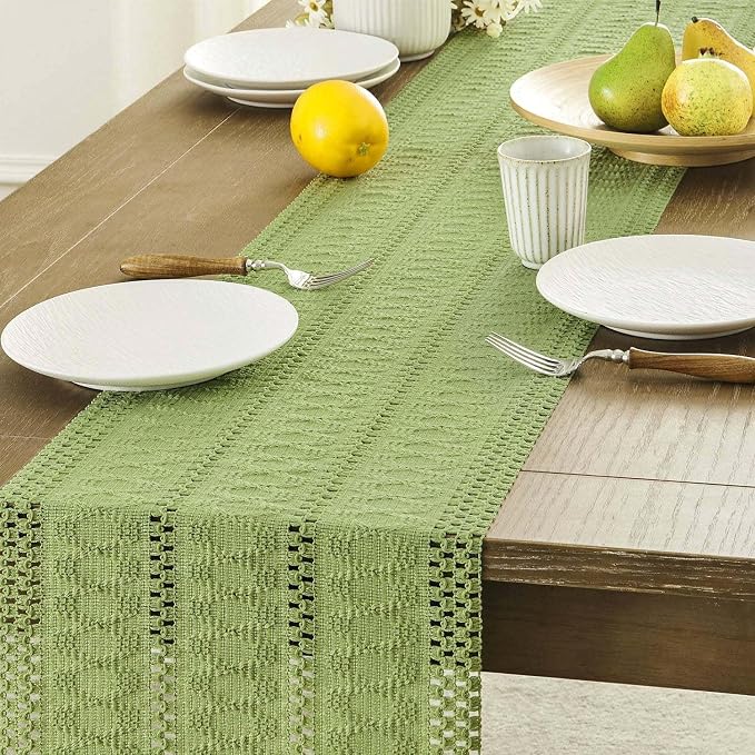 Macrame Style Boho Table Runner, 12x108 Inch Green | Woven Boho Table Runner - Image 5