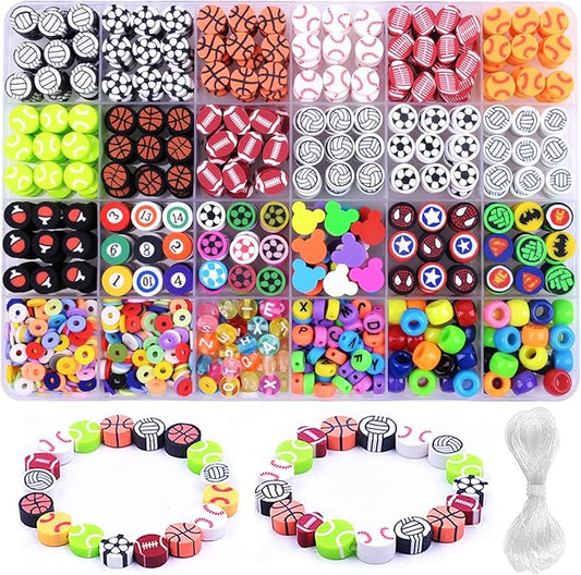 1000PCS Polymer Clay Beads Bracelet Making kit, 24 Style Cute Fun Beads Sports Ball Beads Volleyball Softball Baseball Basketball Soccer Rugby Football Charms for Jewelry Making DIY for Women Girls