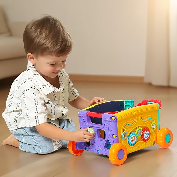 Interactive Learning Push Walker Toy for Toddlers, Musical Activity Wagon with Handle, Educational Rolling Cart with Blocks
