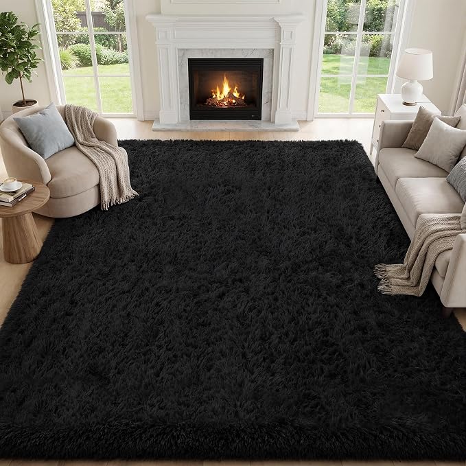 Area Rug for Living Room Bedroom: 6x9 Black Soft Fluffy Shag Upgrade Non-Slip by PLHXFRSoftAreaRugs