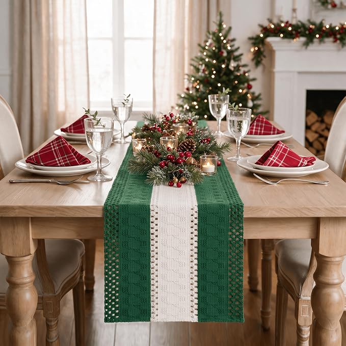 Artoid Mode Dark Green Farmhouse Woven Table Runner 12x48 Inch | Holiday Rustic - Image 2