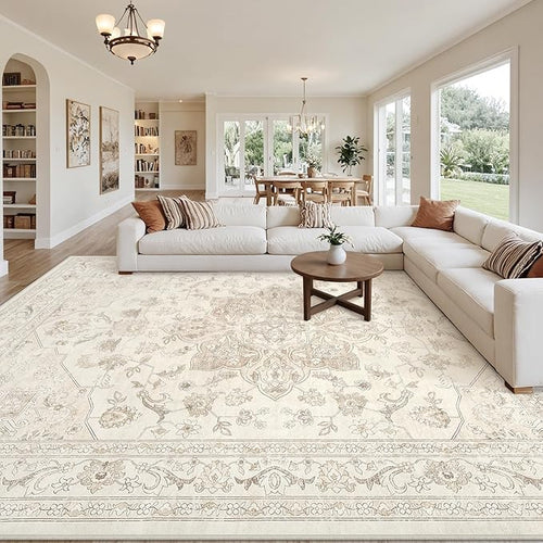 10x14 Area Rug for Living Room: Vintage Boho Neutral Washable Rug Indoor Soft by Luxturiy