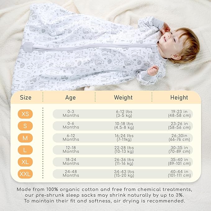 Mama Cheetah Baby Sleep Sack with Sleeves, 0.5 TOG Organic Cotton Wearable Blanket and Two-Way Zipper, Swaddle Transition Long Sleeve Sleeping Bag for Newborn Infant Toddler, 6-12 Months