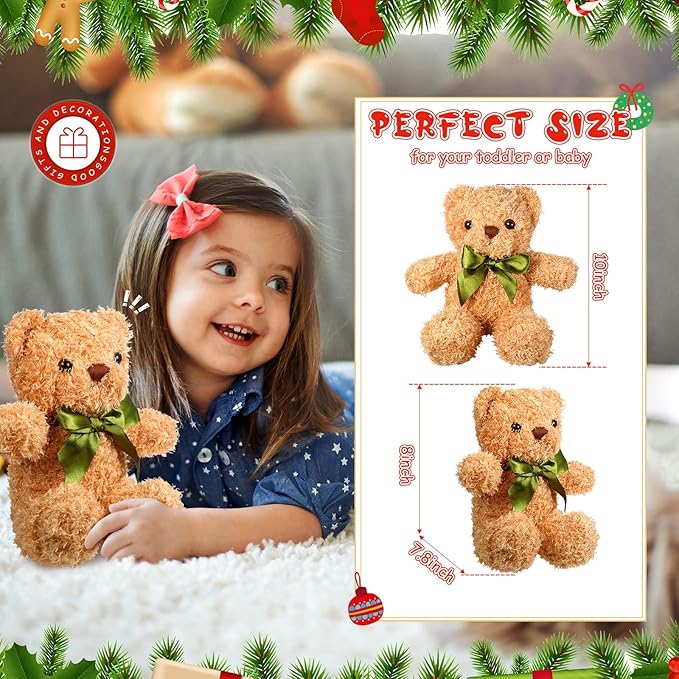 HyDren 12 Pack Bear Stuffed Animals 10 Inch Operation Christmas Bulk Items Small Bear Party Favors Plush Toys for Baby Shower Centerpiece Christmas Birthday Gifts(Light Brown)