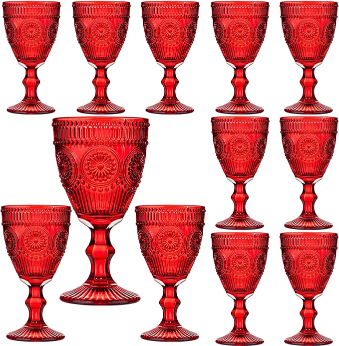 12 Pcs Red Vintage Wine Glasses Set, 10 Ounces Colored Glass Water Goblets by XKXKKE
