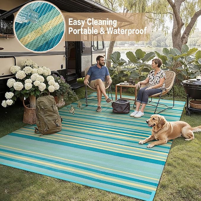 Outdoor Plastic Straw Rug Waterproof Patio 8x10 Teal Yellow Stripe Mat - Image 6