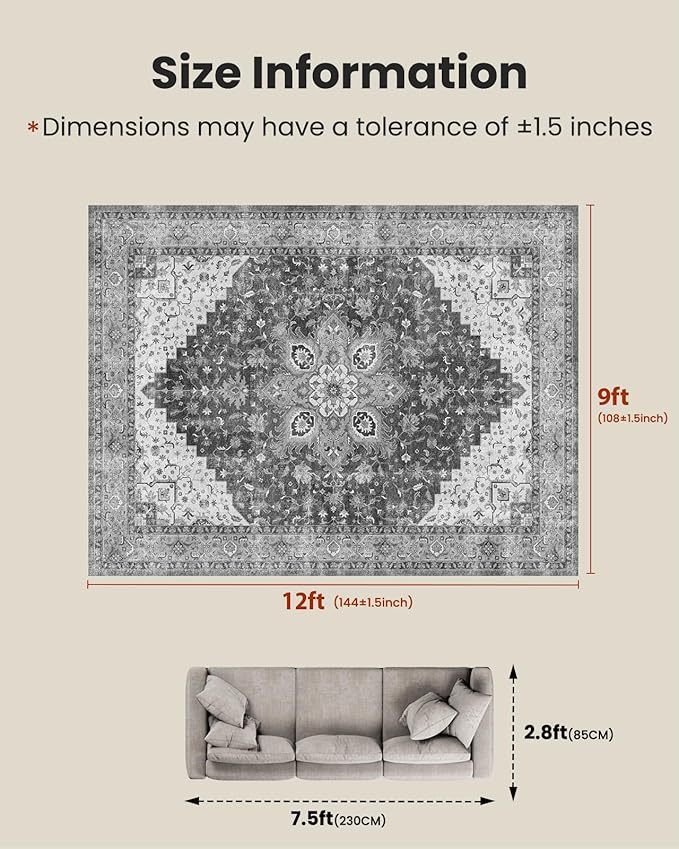 AMADA HOMEFURNISHING 9x12 Area Rugs, Low-Profile Large Washable Area Rug - Image 2