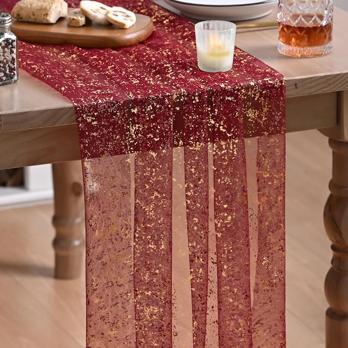 Artoid Mode Burgundy Gold Gauze Table Runner 120 Inch 10FT, Glitter Metallic by ArtoidMode