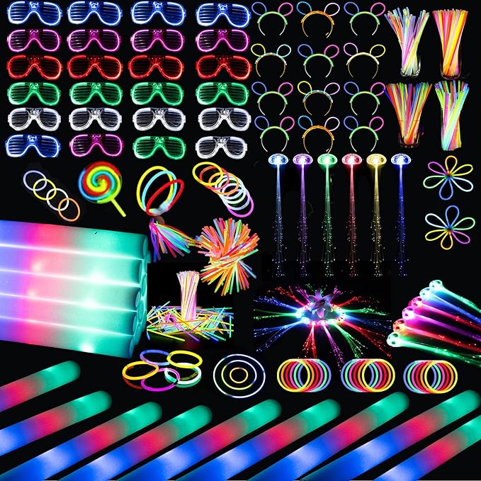 272 PCs Glow Party Supplies, 24 Foam Glow Sticks, 24 LED Glasses and 200 Glow Sticks ＆ Bracelets, 12 Glow sticks headband 12 Fiber Optic Hair Light，Glow Neon Party Favors for Wedding, Concert, Raves