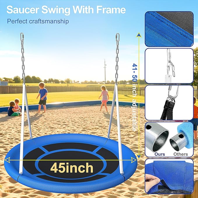 Heavy Duty 500lbs Saucer Swing Set - Outdoor Metal Frame Playground Equipment for Backyard, Includes 45'' Tree Swing & Adjustable Steel Stand - Kids/Toddlers Age 3-12