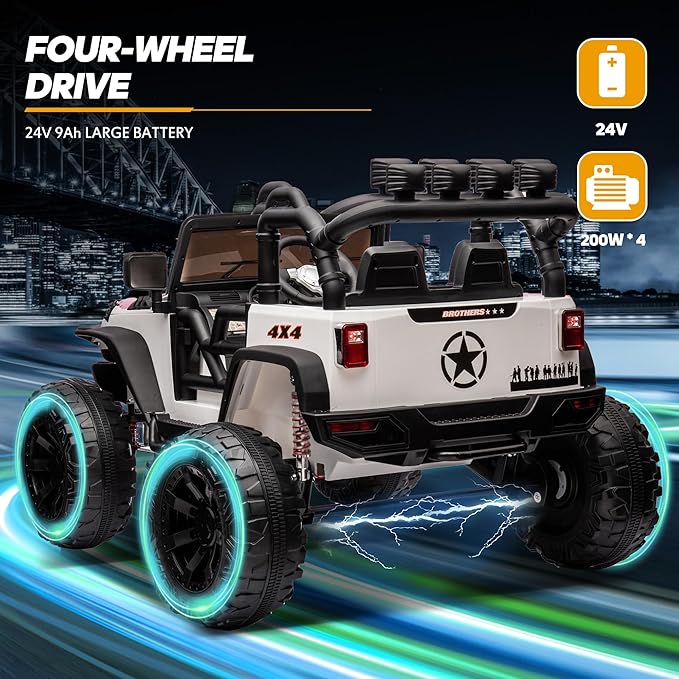 24V 9Ah Ride on Toy for Big Kids, 4WD 2 Seater Ride on Car Truck with Remote Control, 4x200W Motor - White