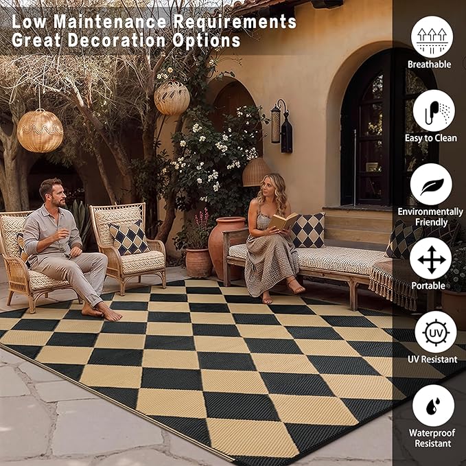 Outdoor Plastic Checkered Rug Waterproof Patio 8x10 Black Brown Diamond - Image 4
