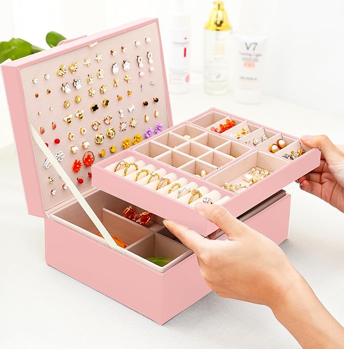 Girls Jewelry Box Earring Holder Organizer for Girls Earring Organizer Teen Jewelry Box Organizer for Girls Pink jewelry Boxes for Earrings Necklaces Rings Stud Earrings Box Organizers Teens