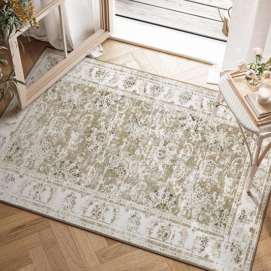 jinchan Floral 2x3 Rugs for Entryway - Vintage Washable Small Non-Slip Distressed Indoor Doormat Ultra-Thin Low-Pile Accent Rug for Entrance Kitchen Bedroom Bathroom (2x3ft,Taupe)