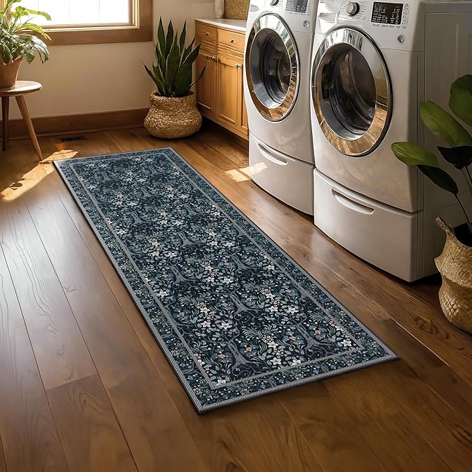 Joydeco Floral Washable Runner Rug for Kitchen, Forest Hallway Rug Runner 2x6 Non Slip, Boho Botanical Ultra-Thin Soft Indoor Floor Throw Carpet for Bathroom Entryway Foyer, Blue-Black