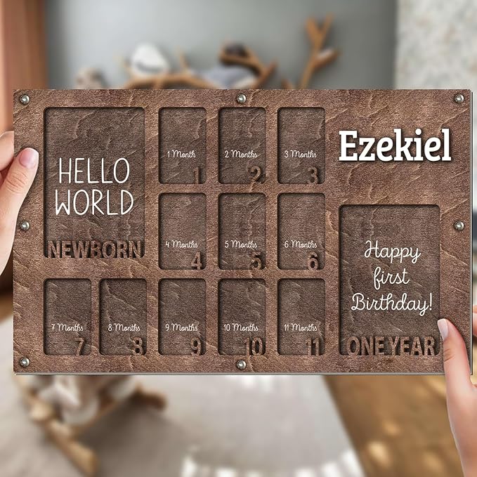 Personalized My First Year Photo Frame | 12 Months Picture Frame For Baby First Year | Displays Two 4x6 Photo and Twelve 2x3 Pictures | Birthday Party Decor Newborn Memory Keepsake, Style MP6