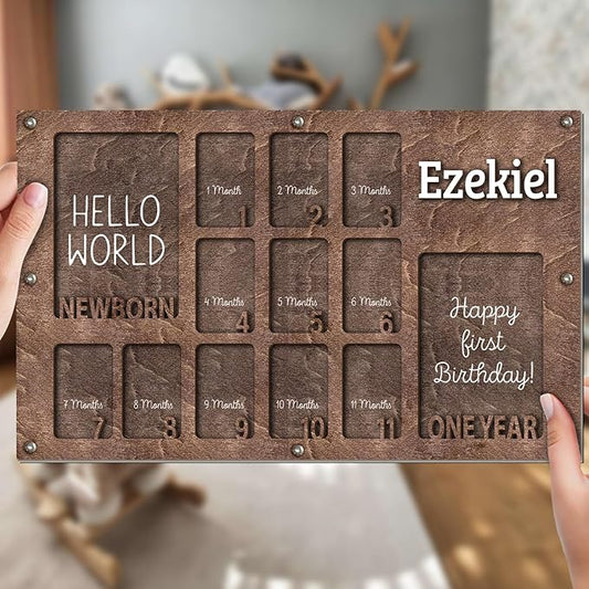 Personalized My First Year Photo Frame | 12 Months Picture Frame For Baby First Year | Displays Two 4x6 Photo and Twelve 2x3 Pictures | Birthday Party Decor Newborn Memory Keepsake, Style MP6