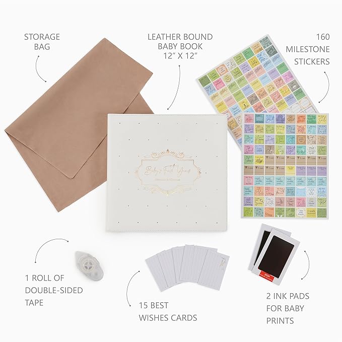 Keepsake Baby Memory Book Girl Boy – Timeless Leather-Bound Baby Milestone Book – Baby Book Keepsake Record First 5 Years – Gender Neutral Baby Scrapbook Album Baby Album Journal Registry Search Gift