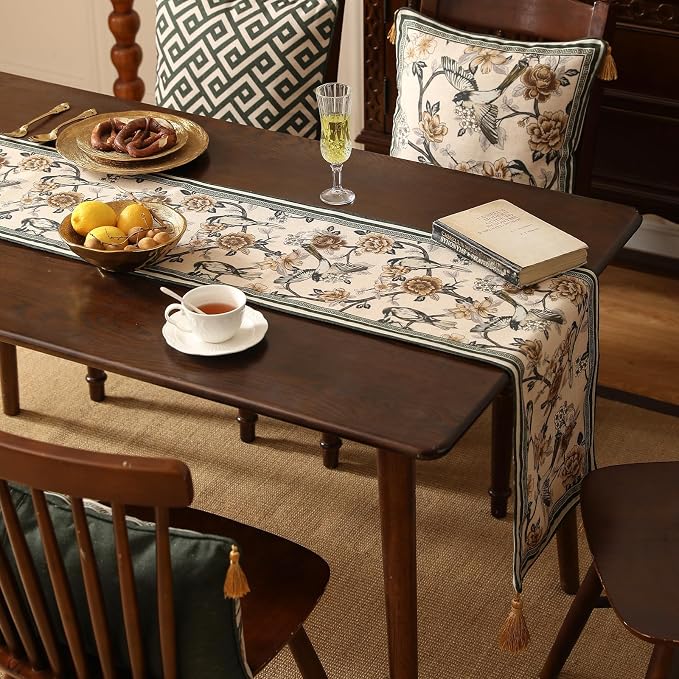 Designer French Linen Extra Long Table Runner, Floral and Bird Pattern - Image 7