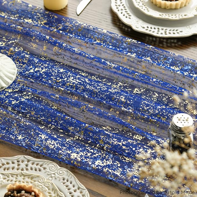 Artoid Mode 10PCS Blue Gold Gauze Table Runner 120 Inch 10FT, Glitter Metallic - Image 6