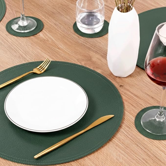 Set of 8 Faux Leather Round Placemats and Coasters, Disko Table Mats and Drink - Image 8