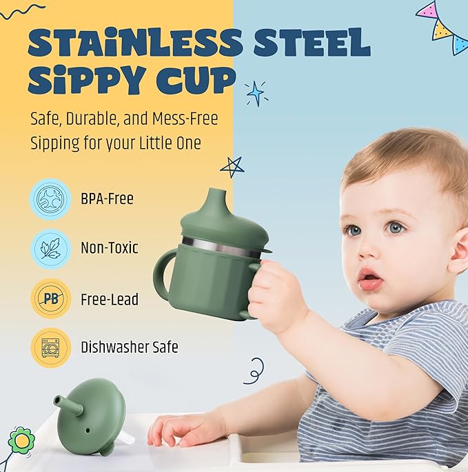 Jumble Dream Baby & Toddler Stainless Steel Sippy Cup Silicon Training Stainless Steel Kids Cups with Straw, Babies Tumbler with Straw No Spill | 6-24 Month Toddler Sippy Cup (Sage Breeze)