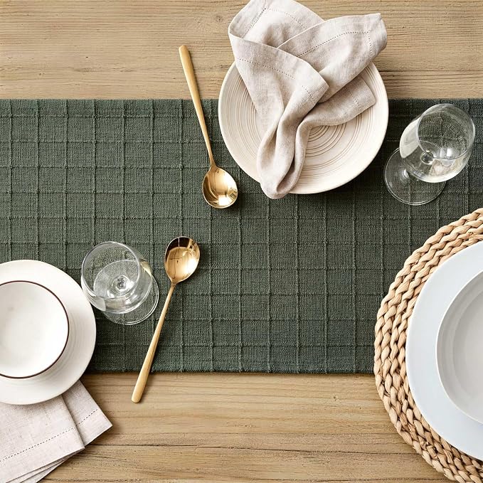 Artisanal Grid Linen Table Runner, 13x90 Inches Army Green | Heavy Textured - Image 5