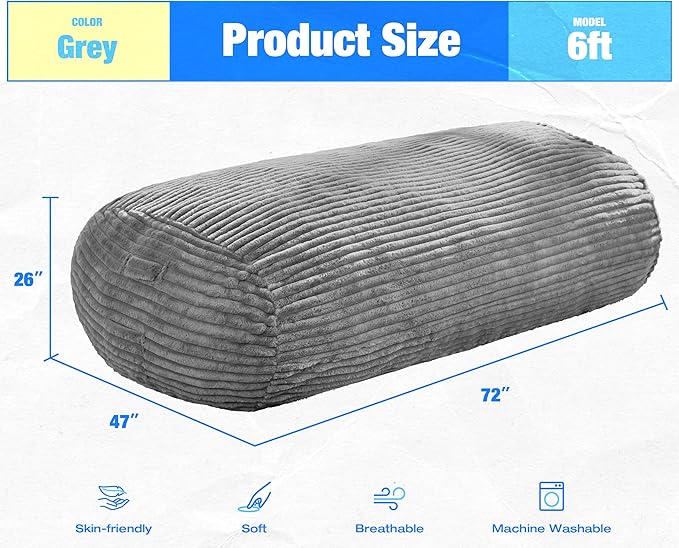 Hobestluk 6FT Bean Bag Chairs Adult Bean Bag with Portable Handle Comfy Large Bean Bag Lounge Chair with Removable Cover for Living Room Bedroom (Stripe Grey, 6FT)